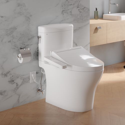 Main product image of WASHLET+ Aquia IV Cube Two-Piece Elongated Dual Flush 1.28 and 0.9 GPF Toilet with C2 Bidet Seat, Cotton White - MW4363074CEMFGN#01