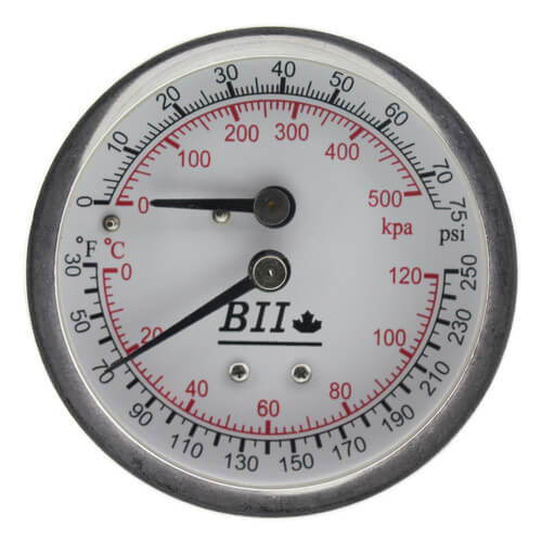 Main product image of 1/4" NPT, 2.5" Face, Temperature & Pressure Gauge (Tridicator), 3-3/8" Well