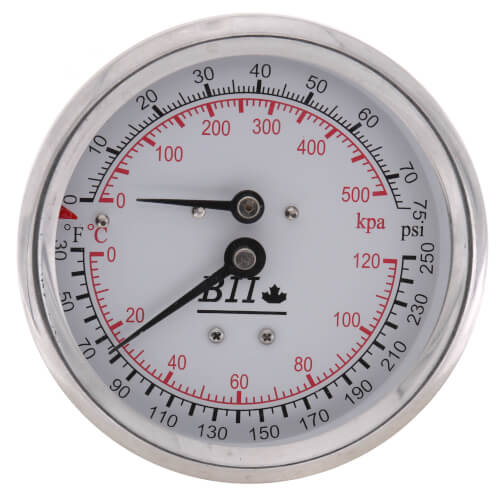 Main product image of 1/2" NPT, 3" Face, Temperature & Pressure Gauge (Tridicator)