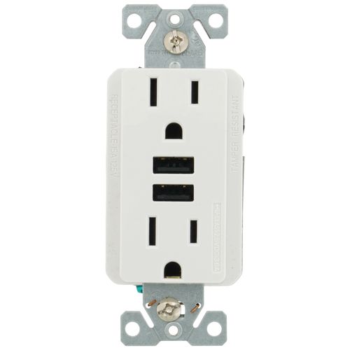 Main product image of Combination Duplex Receptacle & 3.6A USB Charger, 2P, 3W, NEMA 5-15R - White (15A, 125V)