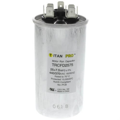 Main product image of 25/7.5 MFD Round Dual Motor Run Capacitor (440/370V)
