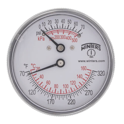 Main product image of 2.5" Tridicator with Extension Back Temperature and Pressure Gauge (0-75 PSI and 70°F-320°F)
