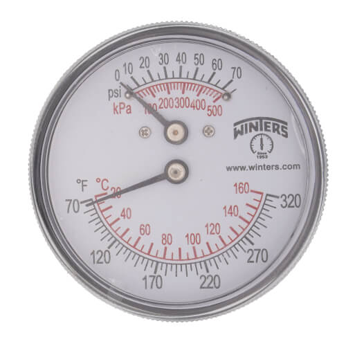 Main product image of 2.5" Tridicator Temperature and Pressure Gauge, Back Mount (0-75 PSI and 70°F-320°F)