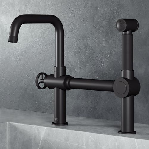 Main product image of Cass Single Handle Bridge Kitchen Faucet w/ Side Sprayer (Matte Black), VG02050MB