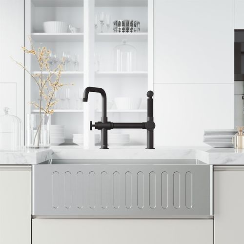 Main product image of Cass Single Handle Bridge Kitchen Faucet w/ Side Sprayer (Matte Black), VG02050MB