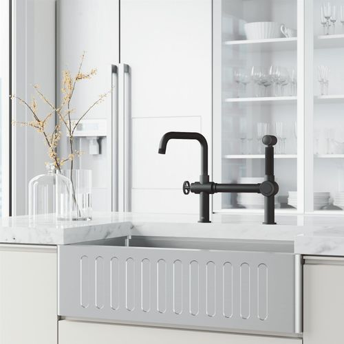 Main product image of Cass Single Handle Bridge Kitchen Faucet w/ Side Sprayer (Matte Black), VG02050MB