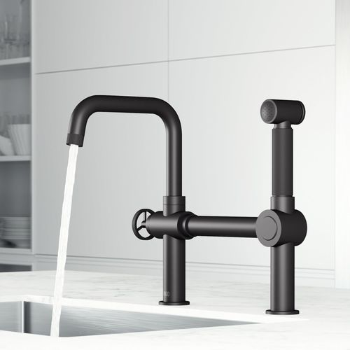 Main product image of Cass Single Handle Bridge Kitchen Faucet w/ Side Sprayer (Matte Black), VG02050MB