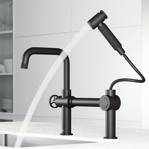 Main product image of Cass Single Handle Bridge Kitchen Faucet w/ Side Sprayer (Matte Black), VG02050MB