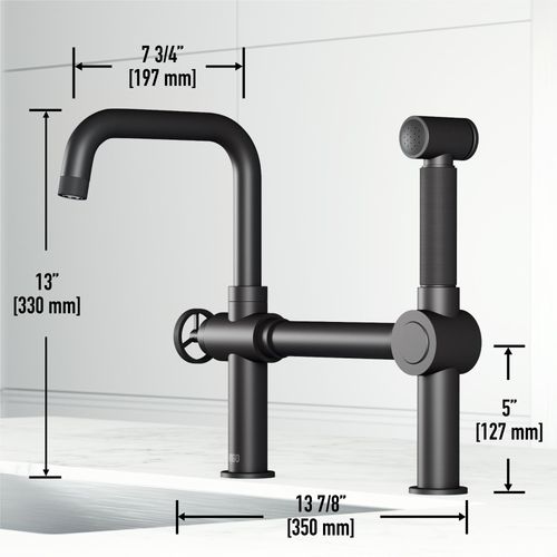 Main product image of Cass Single Handle Bridge Kitchen Faucet w/ Side Sprayer (Matte Black), VG02050MB
