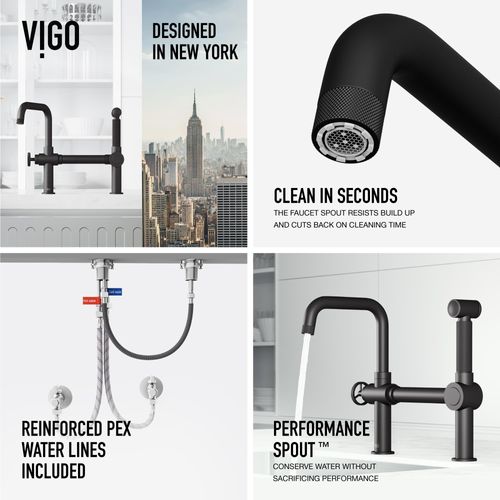 Main product image of Cass Single Handle Bridge Kitchen Faucet w/ Side Sprayer (Matte Black), VG02050MB