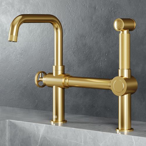 Main product image of Cass Single Handle Bridge Kitchen Faucet with Side Sprayer (Matte Brushed Gold), VG02050MG