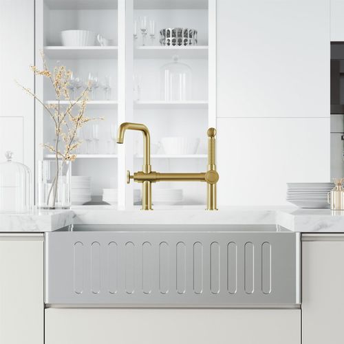 Main product image of Cass Single Handle Bridge Kitchen Faucet with Side Sprayer (Matte Brushed Gold), VG02050MG