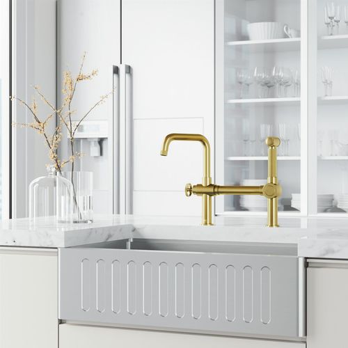 Main product image of Cass Single Handle Bridge Kitchen Faucet with Side Sprayer (Matte Brushed Gold), VG02050MG