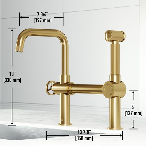 Main product image of Cass Single Handle Bridge Kitchen Faucet with Side Sprayer (Matte Brushed Gold), VG02050MG