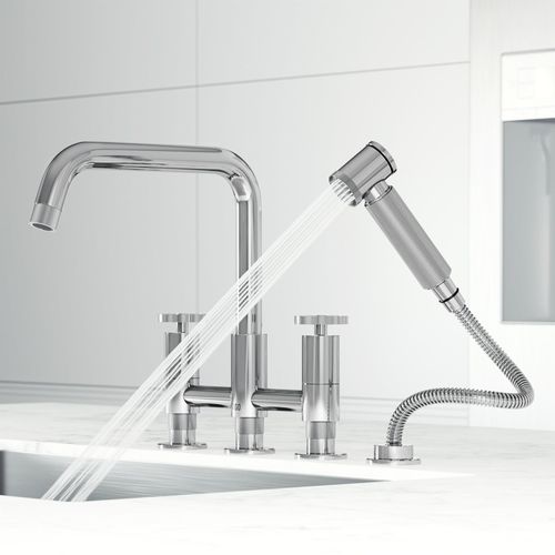 Main product image of Cass Two-Handle Widespread Bridge Kitchen Faucet w/ Side Sprayer (Chrome), VG02051CH