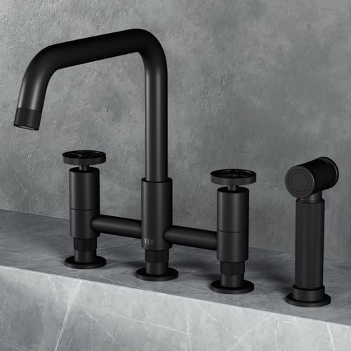 Main product image of Cass Two-Handle Widespread Bridge Kitchen Faucet w/ Side Sprayer (Matte Black), VG02051MB