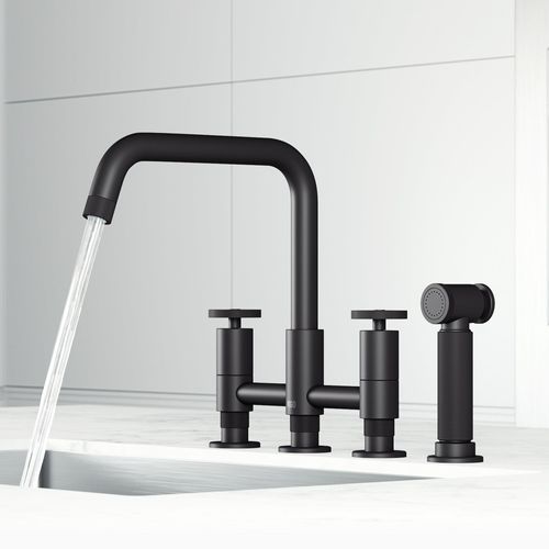 Main product image of Cass Two-Handle Widespread Bridge Kitchen Faucet w/ Side Sprayer (Matte Black), VG02051MB