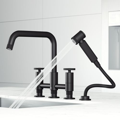 Main product image of Cass Two-Handle Widespread Bridge Kitchen Faucet w/ Side Sprayer (Matte Black), VG02051MB