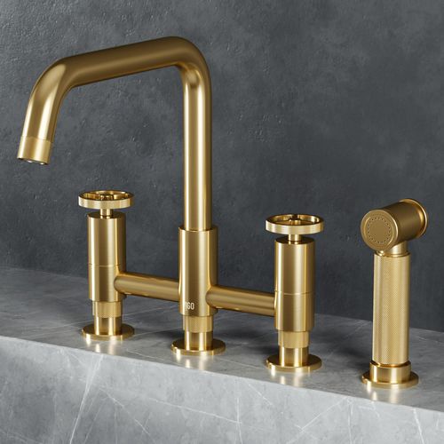 Main product image of Cass Two-Handle Widespread Bridge Kitchen Faucet w/ Side Sprayer (Matte Brushed Gold), VG02051MG