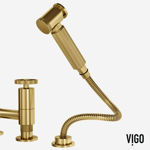 Main product image of Cass Two-Handle Widespread Bridge Kitchen Faucet w/ Side Sprayer (Matte Brushed Gold), VG02051MG