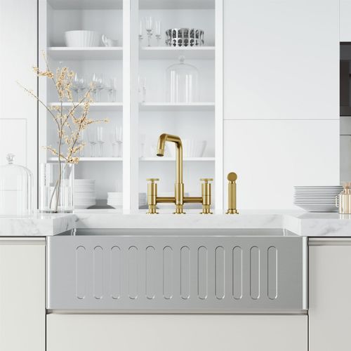 Main product image of Cass Two-Handle Widespread Bridge Kitchen Faucet w/ Side Sprayer (Matte Brushed Gold), VG02051MG