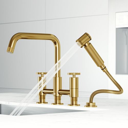 Main product image of Cass Two-Handle Widespread Bridge Kitchen Faucet w/ Side Sprayer (Matte Brushed Gold), VG02051MG