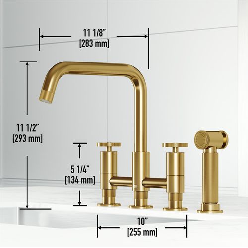 Main product image of Cass Two-Handle Widespread Bridge Kitchen Faucet w/ Side Sprayer (Matte Brushed Gold), VG02051MG