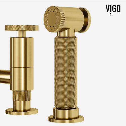 Main product image of Cass Two-Handle Widespread Bridge Kitchen Faucet w/ Side Sprayer (Matte Brushed Gold), VG02051MG