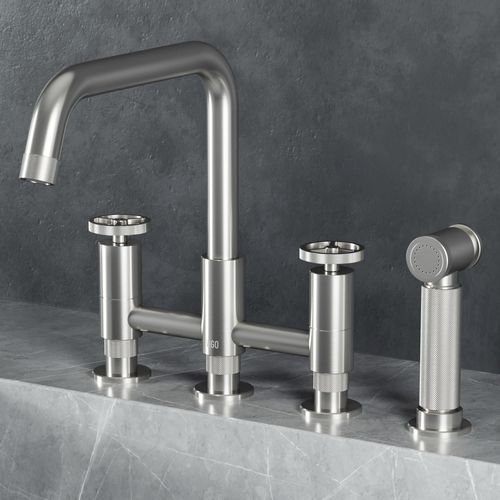 Main product image of Cass Two-Handle Widespread Bridge Kitchen Faucet w/ Side Sprayer (Stainless Steel), VG02051ST