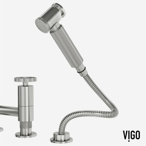 Main product image of Cass Two-Handle Widespread Bridge Kitchen Faucet w/ Side Sprayer (Stainless Steel), VG02051ST