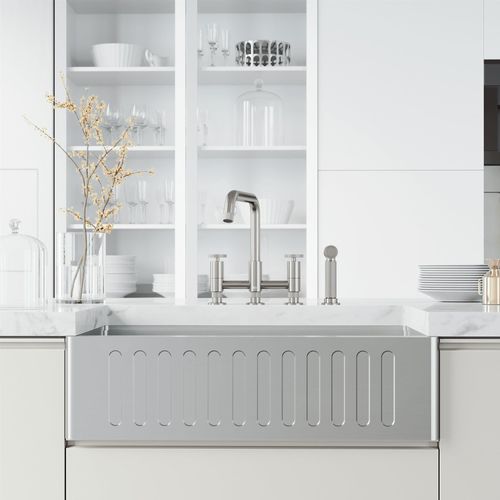 Main product image of Cass Two-Handle Widespread Bridge Kitchen Faucet w/ Side Sprayer (Stainless Steel), VG02051ST