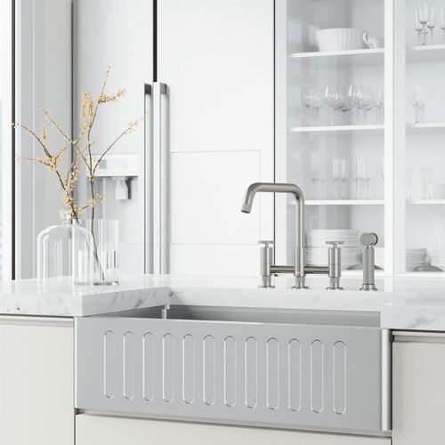 Main product image of Cass Two-Handle Widespread Bridge Kitchen Faucet w/ Side Sprayer (Stainless Steel), VG02051ST