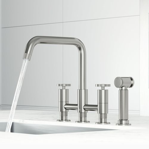 Main product image of Cass Two-Handle Widespread Bridge Kitchen Faucet w/ Side Sprayer (Stainless Steel), VG02051ST