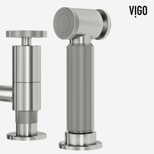 Main product image of Cass Two-Handle Widespread Bridge Kitchen Faucet w/ Side Sprayer (Stainless Steel), VG02051ST