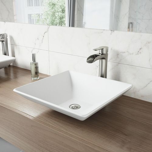 Main product image of Hibiscus Matte Stone 16" x 16" x 5" Square Vessel Bathroom Sink (Modern White)