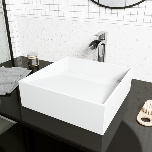 Main product image of Starr Matte Stone 15" x 15" x 5" Square Vessel Bathroom Sink (Modern White)