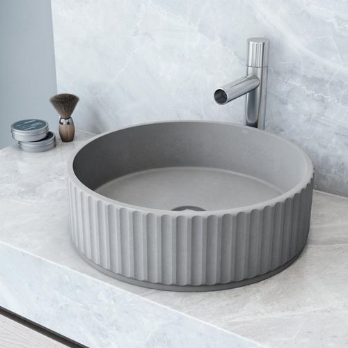 Main product image of Windsor Concreto Stone 16" x 16" x 5" Round Fluted Bathroom Vessel Sink (Ash-Gray)