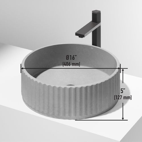 Main product image of Windsor Concreto Stone 16" x 16" x 5" Round Fluted Bathroom Vessel Sink (Ash-Gray)