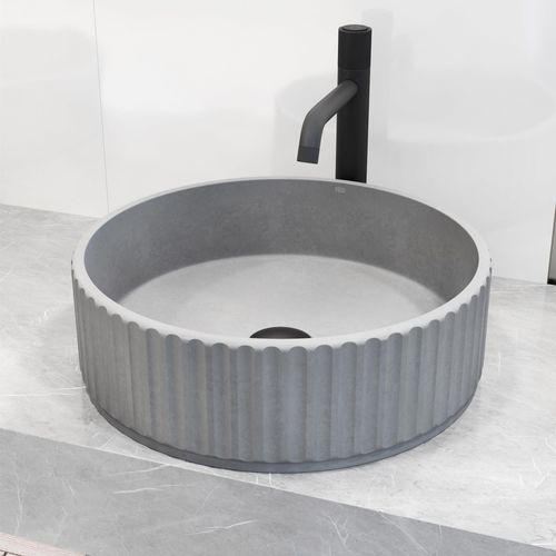 Main product image of Windsor Concreto Stone 16" x 16" x 5" Round Fluted Bathroom Vessel Sink (Ash-Gray)