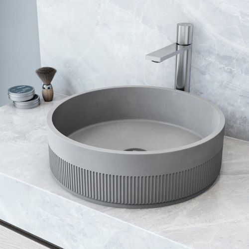 Main product image of Cypress Concreto Stone 16" x 16" x 5" Round Fluted Bathroom Vessel Sink (Ash-Gray)