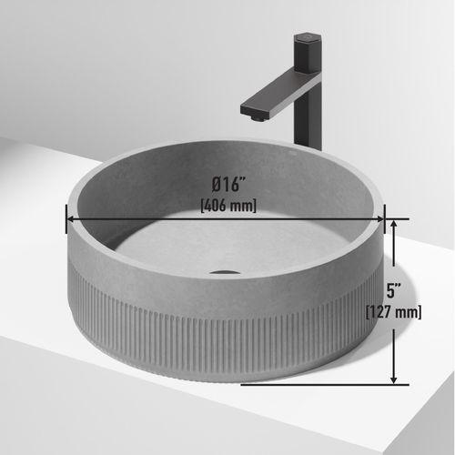 Main product image of Cypress Concreto Stone 16" x 16" x 5" Round Fluted Bathroom Vessel Sink (Ash-Gray)