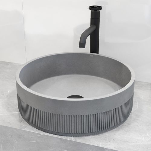 Main product image of Cypress Concreto Stone 16" x 16" x 5" Round Fluted Bathroom Vessel Sink (Ash-Gray)