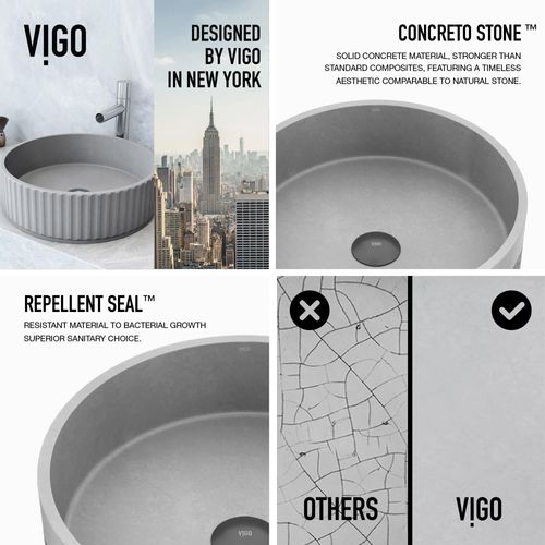 Main product image of Cypress Concreto Stone 16" x 16" x 5" Round Fluted Bathroom Vessel Sink (Ash-Gray)