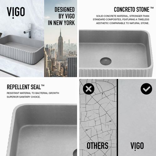 Main product image of Windsor Concreto Stone 21" x 14" x 5" Rectangular Fluted Bathroom Vessel Sink (Ash-Gray)