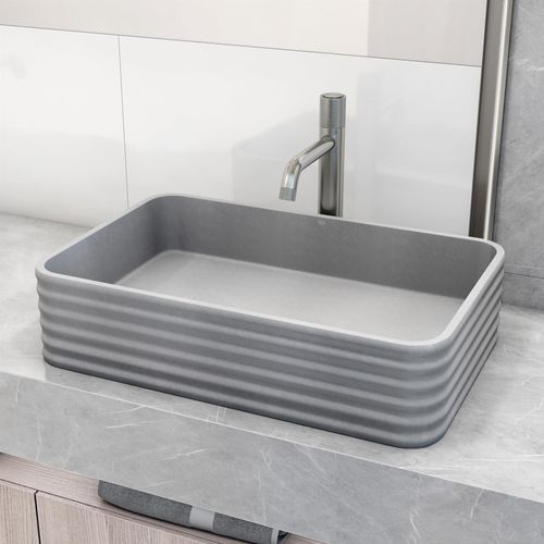 Main product image of Cadman Concreto Stone 21" x 14" x 5" Rectangular Fluted Bathroom Vessel Sink (Ash-Gray)