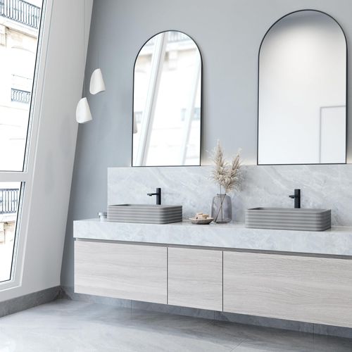 Main product image of Cadman Concreto Stone 21" x 14" x 5" Rectangular Fluted Bathroom Vessel Sink (Ash-Gray)