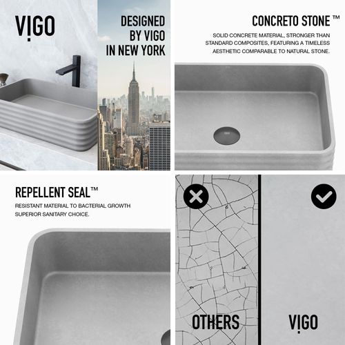 Main product image of Cadman Concreto Stone 21" x 14" x 5" Rectangular Fluted Bathroom Vessel Sink (Ash-Gray)