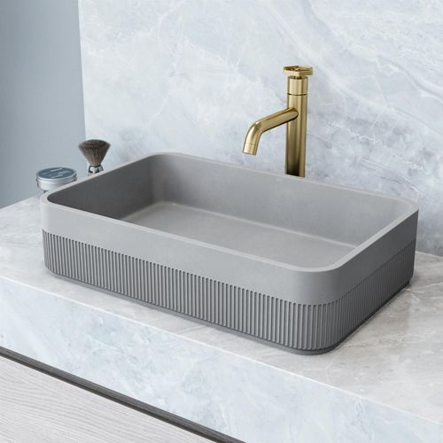 Main product image of Cypress Concreto Stone 21" x 14" x 5" Rectangular Fluted Bathroom Vessel Sink (Ash-Gray)