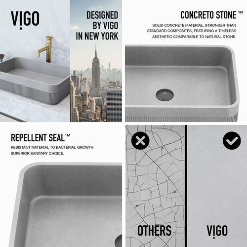 Main product image of Cypress Concreto Stone 21" x 14" x 5" Rectangular Fluted Bathroom Vessel Sink (Ash-Gray)