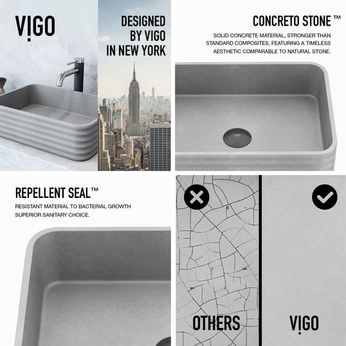 Main product image of Cadman Concreto Stone 18" x 13" x 5" Rectangular Fluted Bathroom Vessel Sink (Ash-Gray)